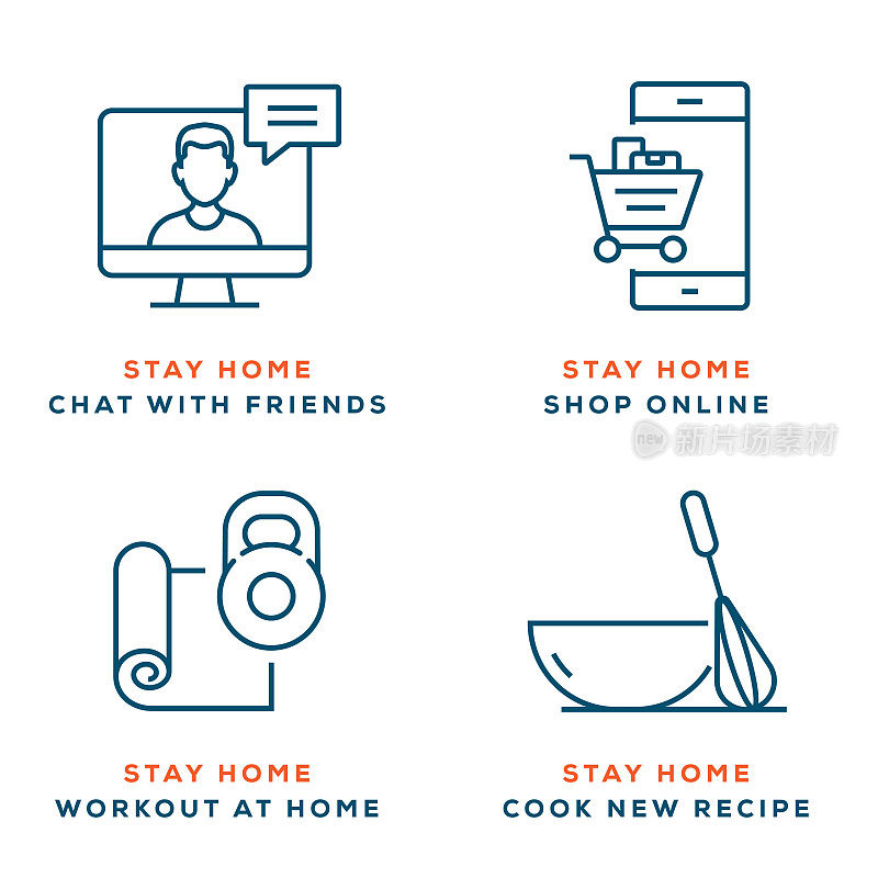 人们呆在家里。在隔离期间与朋友聊天，网上购物，在家锻炼和烹饪新食谱。Covid - 19检疫概念